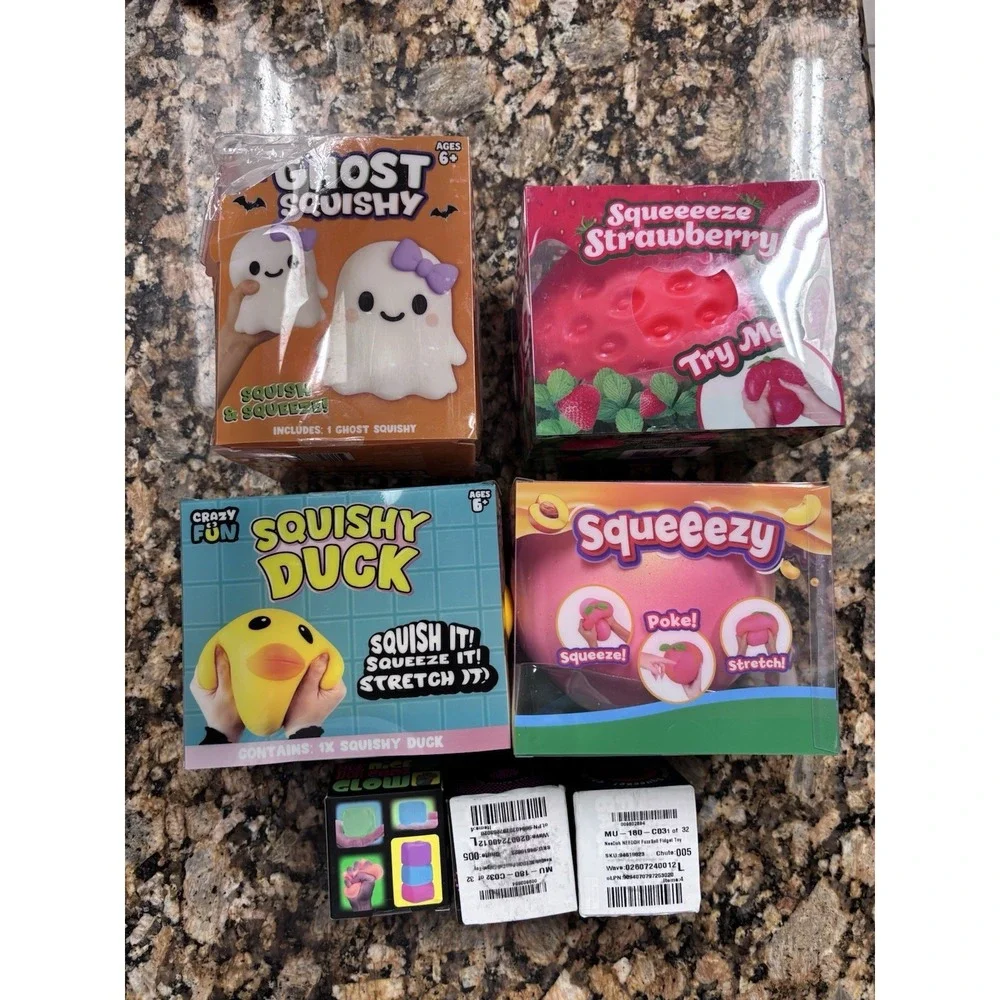 Sunny Days Squeezy Strawberry Peach & RMS Squishy Duck Needoh Fuzz Ball & Glow